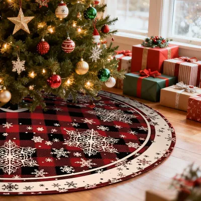 Obrázok produktu pre Vianočná dekoračná podložka pod stromček, kruhová, priemer 120 cm, s motívom snehových vločiek a geometrickým vzorom