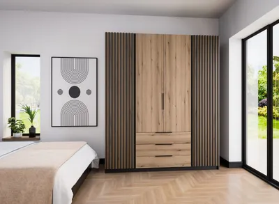 Image de BEAUTYSOFA armoire KAYA IV à lattes, 200 cm, armoire à tiroirs pour chambre, couloir (couleur : noir+chêne evoke+noir)