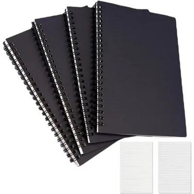 Image de Blocs-notes A5, reliés par spirale, lot de 4, 120 pages, quadrillé ou ligné, dimensions 210x145 mm, couleur noire