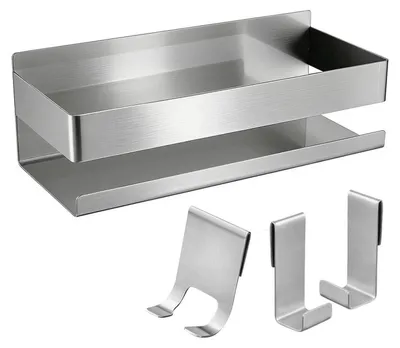 Immagine prodotto di Portaoggetti da doccia senza foratura, acciaio inossidabile argento, 23x9x7,5 cm, con ganci