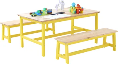 Immagine prodotto di SucceBuy set di tavolo e panca per bambini - set di 3 pezzi in legno per attività, tavolo e sedia per bambini per dipingere, fare bricolage, leggere e imparare