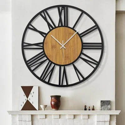Produktbild von 50 cm runde Holzuhr schwarz für Wohnzimmer Vintage Stil