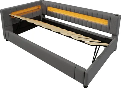 Produktbild von Flieks Hydraulisches Polsterbett 90x200cm mit USB & TYPE-C, Schlafsofa Tagesbett mit LED, Jugendbett Einzelbett mit Stauraum, Leinen, Grau
