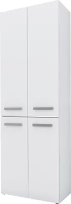 A white cabinet with four doors and gray handles.