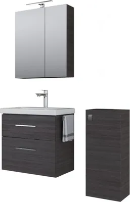 Produktbild von Planetmöbel Badmöbel-Set Waschtisch mit Unterschrank 63 cm, Spiegelschrank 60 cm mit LED-Leuchte (schwarz matt) & Steckdose, inkl. Midischrank Anthrazit