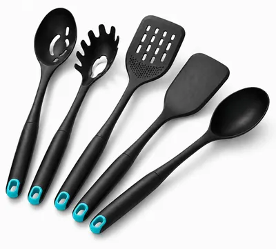 Image de Lot de 5 ustensiles de cuisine en nylon – Ustensiles de cuisine résistants à la chaleur pour poêles antiadhésives – Lot de spatules avec cuillères et cuillères à pâtes – Ustensiles de cuisine sans BPA – Lot d'ustensiles de cuisine 32 cm – Noir [BS41104], Image générée par une IA