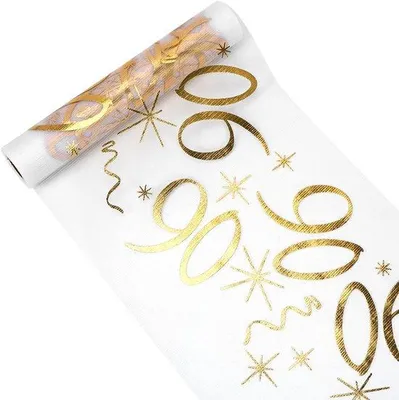 Immagine prodotto di Runner da tavola per il 90° compleanno, 28 cm x 10 m, runner dorato per compleanni, anniversari e feste