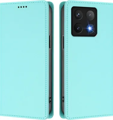 Image de Étui en cuir pour Xiaomi 14T, étui à rabat magnétique en cuirPolyuréthaneavec support, vert menthe