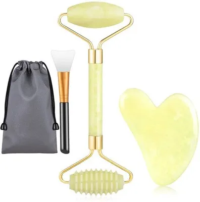 Produktbild von Jade Face Roller und Gua Sha Massager, Doppelend Jade Roller und Naturmassage Stein mit Aufbewahrungsbeutel für Anti-Aging, Anti-Falten (gelb)