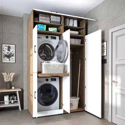 Image de Armoire de rangement pour lave-linge Roomart DORA-I, 130 cm de large, chêne blanc