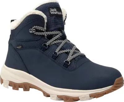 A single blue winter boot with white fur lining and a brown sole is shown against a white background.