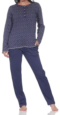 Produktbild von Normann Damen Pyjama lang mit Knopfleiste am Hals in eleganter Optik ; marine , 48