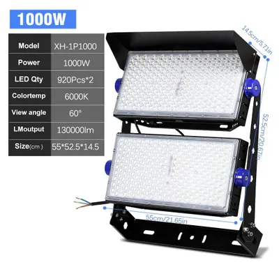 Obrázek produktu pro LED stadionové osvětlení – XH-1P1000W – 1000 W, vysoký výkon – 150 lm/W – 6000 K, studená bílá – IP65, vodotěsné – AC 120-277 V, vhodné pro parkoviště a tunely