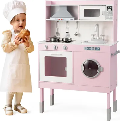 Produktbild von GOPLUS Kinderküche mit Küchengeräten, Spielzeugküche mit Kochfeld, Abzugshaube, Mikrowelle, Waschmaschine, Wasserhahn & Spülbecken, Spielküche mit Licht- & Soundeffekt & Stauraum (Klein)