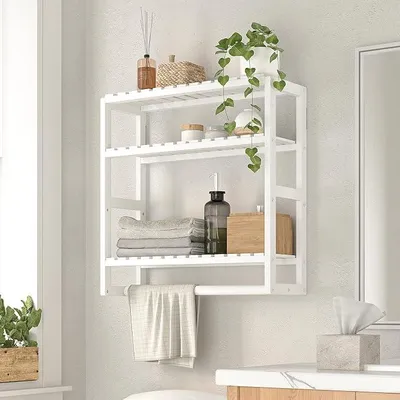 Productafbeelding van PolkaHome® Bamboe badkamerrek 3 niveaus wandmontage verstelbaar toiletpapierhouder opbergruimte wit