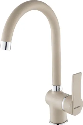A beige kitchen faucet with a silver accent on a white background.