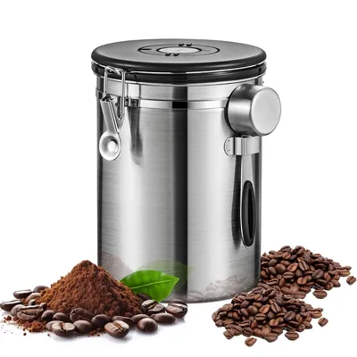 Produktbild von Luftdichte Edelstahl Kaffeebohnen Dose 1,8L mit Vakuum Ventil, Datumszähler und Edelstahl Löffel für Frische und Aroma