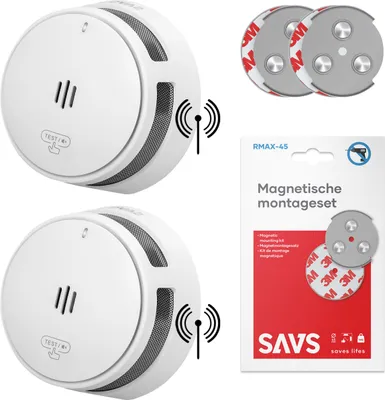 A collage showing two smoke detectors and a magnetic mounting kit.