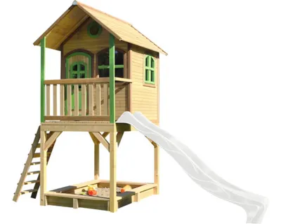 Immagine prodotto di AXI Sarah Casetta con pavimento, sabbiera e scivolo bianco | Casa da gioco per giardino / esterno in marrone e verde di legno  | Parco giochi per bambini