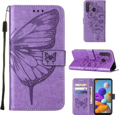 Produktbild von Galaxy A21 Hülle, Schmetterling Prägung Flip Leder Kartenfächer Schutzhülle Ledertasche mit Ständer für Samsung Galaxy A21 Violett