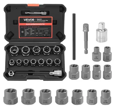 Produktbild von VEVOR Schraubenausdreher Set, 27 Teile Sechskopf-Multi-Spline Easy Out Bolzenausdreher Werkzeug, mit Adaptern, stabilem Aufbewahrungskoffer, Cr-Mo Stahl für das Entfernen von abgerundeten, gebrochenen Bolzen und Schrauben, Schraubenbolzen-Extractor, 16 Stück