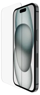 A screen protector is shown being applied to a smartphone.