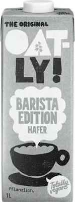 A product shot of an Oatly Barista Edition Haferdrink carton.