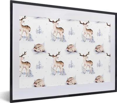 Produktbild von MuchoWow® Gerahmtes Poster Winter - Schnee - Hirsche 40x30 cm - Poster mit Schwarzem Bilderrahmen Wandposter Rahmen Foto Bilder - Bilderrahmen - Poster im Rahmen
