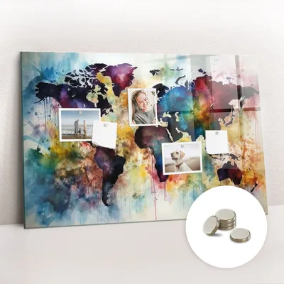 Obrázok produktu pre Magnetická tabuľa na stenu - Memo Tabuľa Sklenená - vrátane 5 magnetov - 90x60 cm - Akvarelová mapa