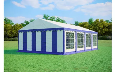 Produktbild von Partyzelt 5x8 m PREMIUM – PVC-Plane 500 g/m², flammhemmend, Bodenrahmen + Dachverstrebungen, bis 80 Personen - Blau-Weiß