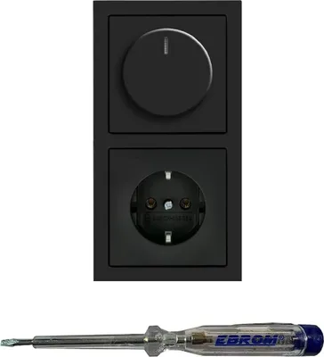 Produktbild von Busch Jäger 6523U-102 LED Drehdimmer Dimmer + Dimmerscheibe 6540-81-102 + Steckdose 20EUC-81 in ANTHRAZIT glänzend inklusive EBROM Phasenprüfer zur Montage der Geräte (6523 U – 102)