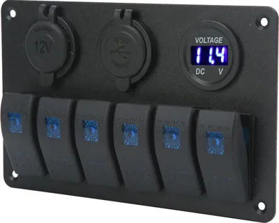 Zdjęcie produktu dla 20A 6-gniazdowy przełącznik kołyskowy 12V 24V Niebieskie światło Wodoodporny do łodzi, statków, kokpitów SUV-ów i ciężarówek