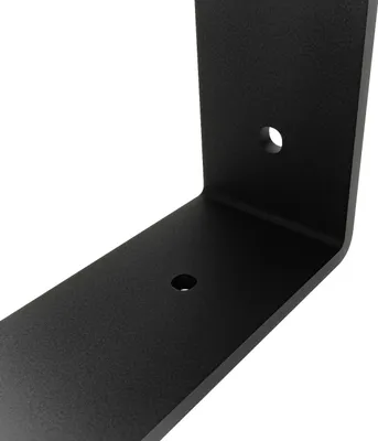 A close-up shot of a black metal shelf bracket.