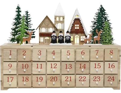 Productafbeelding van Adventskalender van hout, met LED-verlichting en 24 lades, afmetingen 37,5 x 8 x 27 cm