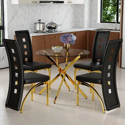 Image de Ensemble de salle à manger moderne 5 pièces, comprenant une table ronde en verre de 88 cm de diamètre en verre trempé de 8 mm et 4 chaises de salle à manger noires en cuir PU, ensemble peu encombrant pour la cuisine