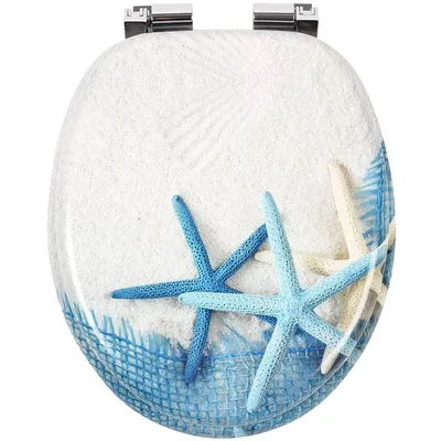 A toilet seat with a beach theme, featuring starfish and sand.