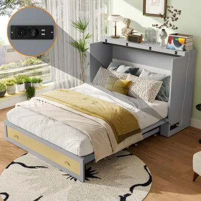 Obrázek produktu pro Šedá multifunkční skládací postel s USB a zásuvkou, zásuvkami a poličkou - rozkládací postel s plošinou, šetřící místo, bez matrace, 140x200 cm