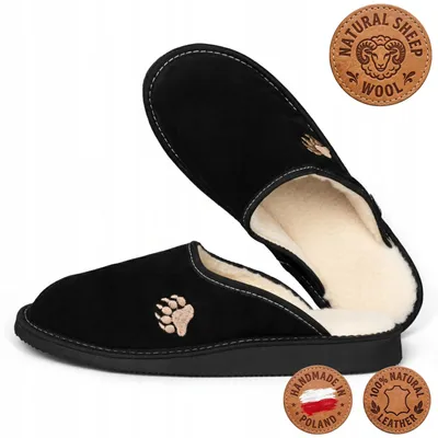 Productafbeelding van Heren slippers van leer met lamswol, zwart, met de hand genaaid, maat 46
