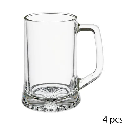 A clear studio shot of a single glass beer mug on a white background.