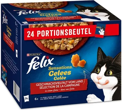 Produktbild von Felix Sensations Gelees Geschmacksvielfalt vom Land 24 x 85 g, Adult, Rind, Huhn, Ente, Lamm, 85 g, Ohne künstliche Farbstoffe
