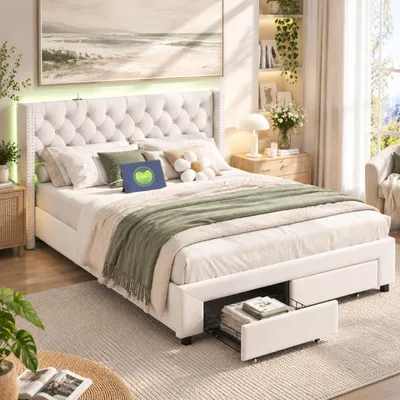 Imagen del producto de Cama tapizada INONEFT de 180x200 cm con 2 cajones, cama juvenil con iluminación LED, cabecero con 2 bolsillos laterales y función de carga USB, tapizada en terciopelo, color beige, Imagen generada por IA