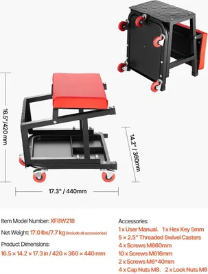 Produktbild von Mechanikerhocker, 360° drehbar, Werkzeugablage, Rot und Schwarz
