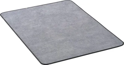 A gray floor mat for an office chair.