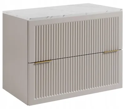 Produktbild von Rodan | Waschbeckenunterschrank 60 cm Beige Matt - 3 Grifffarben - Arbeitsplatte in Weißmarmoroptik - Badezimmerschrank
