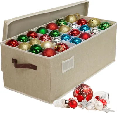 Zdjęcie produktu dla Pudełko do przechowywania bombek świątecznych Relaxdays, 96 sztuk, wys. x szer. x gł.: 26 x 66,5 x 33 cm, poliester, tektura, pudełko na bombki, beżowe