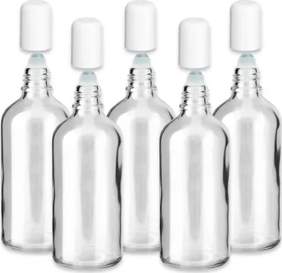 Produktbild von x5 Glasflasche klar 100 ml Roll-On mit weißem Verschluss leer 18/415