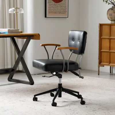 Immagine prodotto di Sedia da ufficio in pelle, ergonomica, girevole, ideale per ufficio o come poltrona per dirigenti, con altezza regolabile e braccioli, colore nero