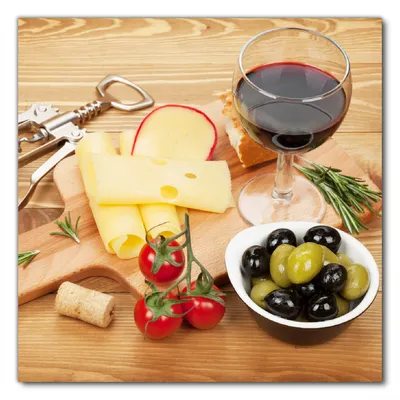 Produktbild von Wallario selbstklebende Möbelfolie/ Tischdecke für Innen und Außen, Größe: 70 x 70 cm - Genuss am Abend - Rotwein, Käseplatte, Oliven und Tomaten
