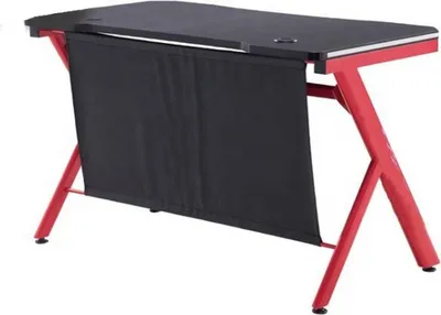 A black and red gaming desk is shown against a white background.