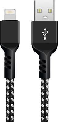 A black and white braided USB-C to Lightning cable is shown against a white background.